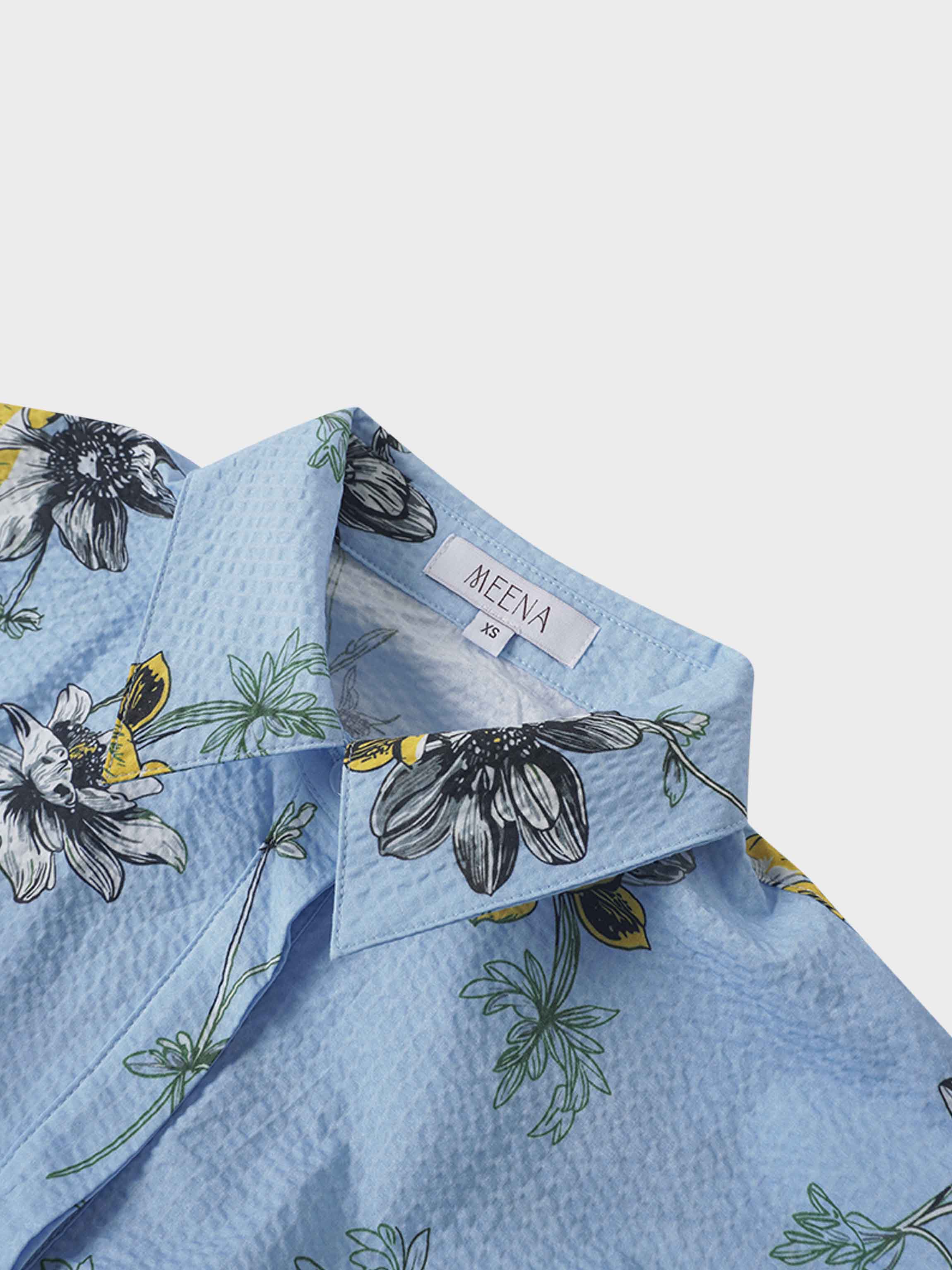 Yoke Gathered Belted Shirtdress-Yellow Pop Flower