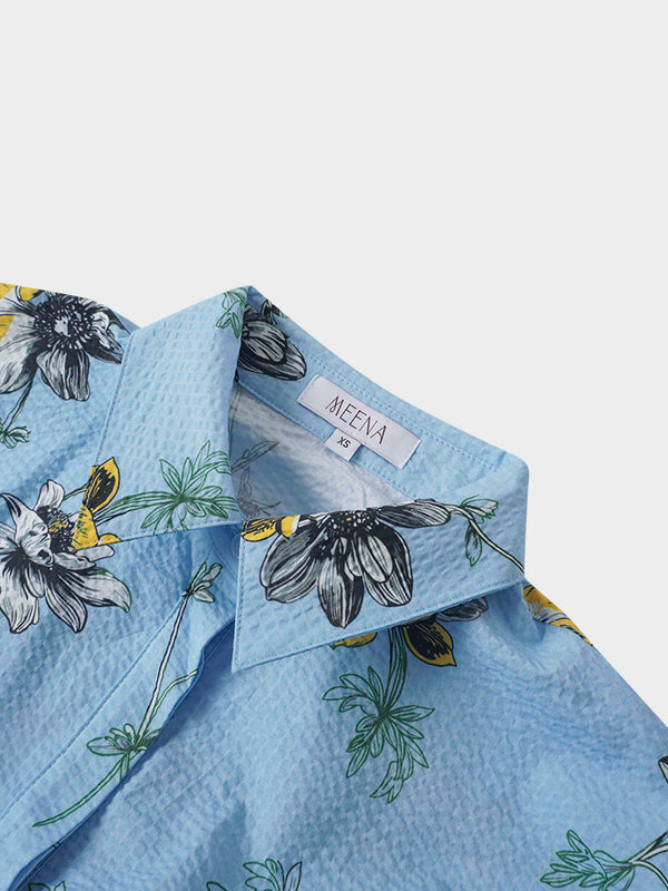Yoke Gathered Belted Shirtdress-Yellow Pop Flower