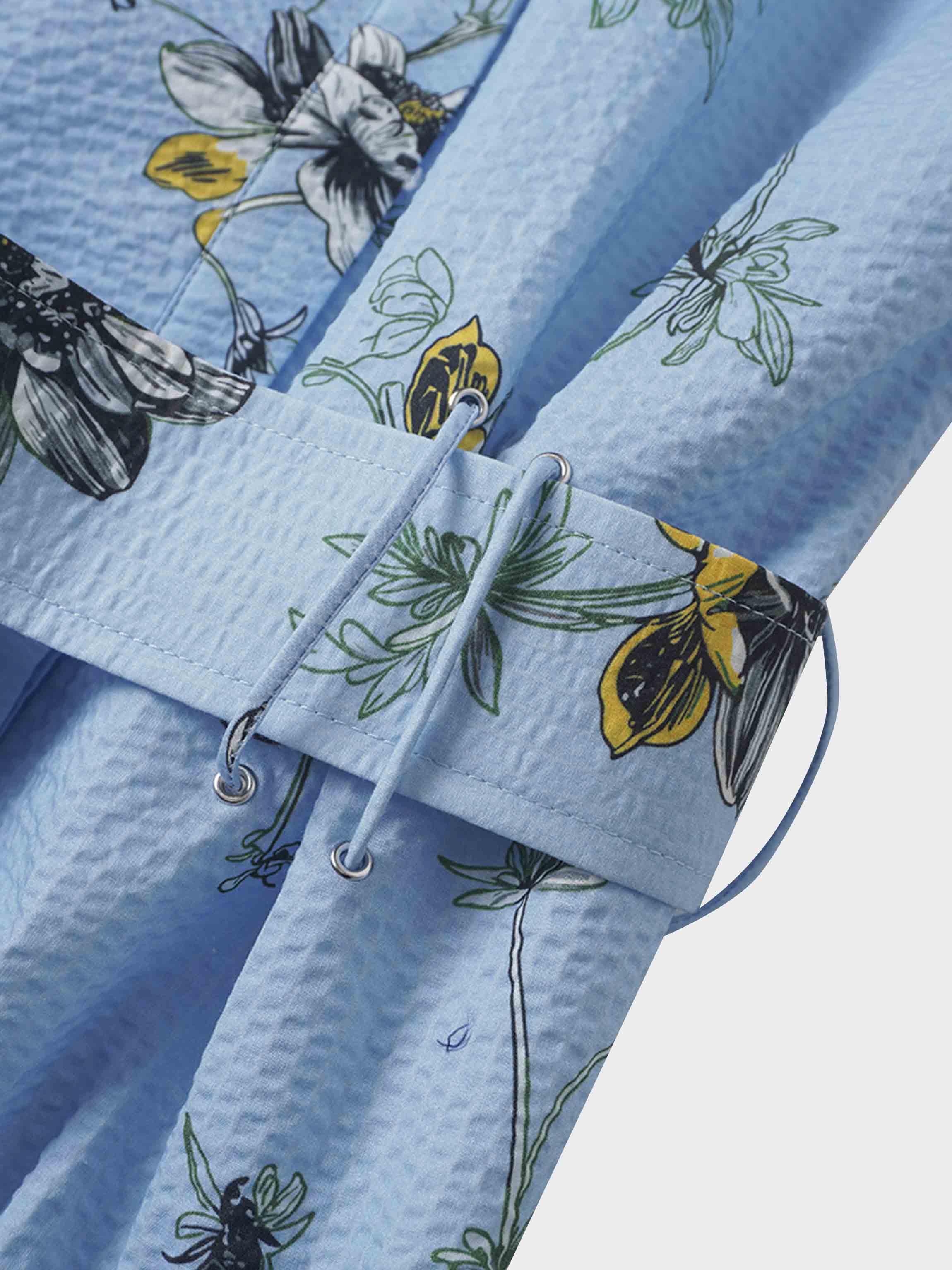 Yoke Gathered Belted Shirtdress-Yellow Pop Flower