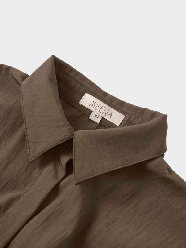 Cotton Yoke Gathered Dress-Brown