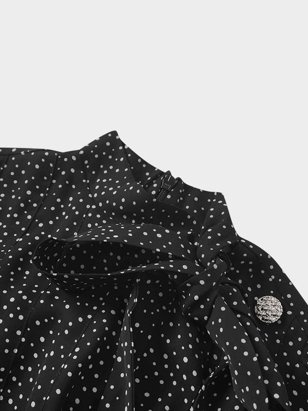 Side Button Pleat Dress-Polka Dot