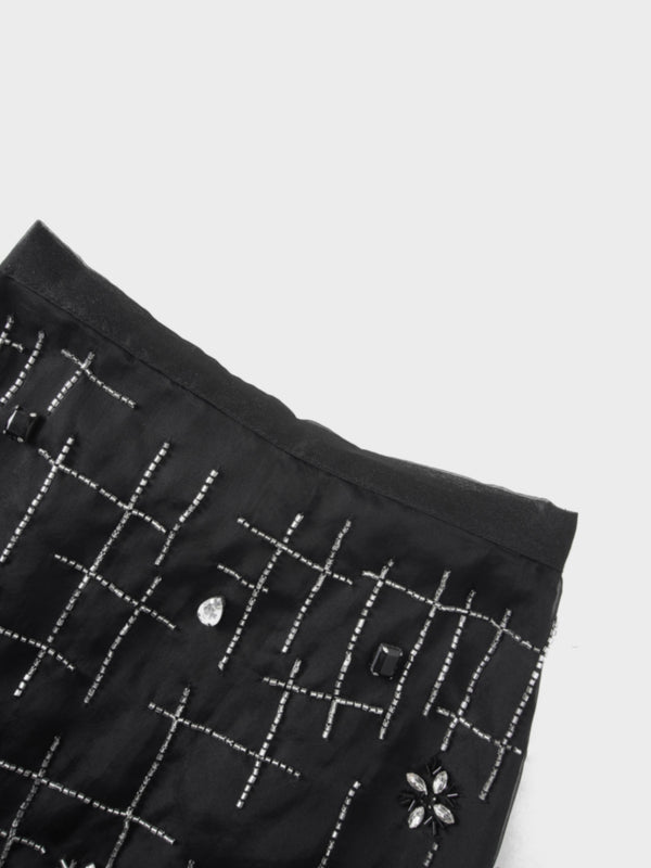 Organza Beaded Maxi Skirt-Black