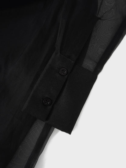 Organza Belted Shirtdress-Black