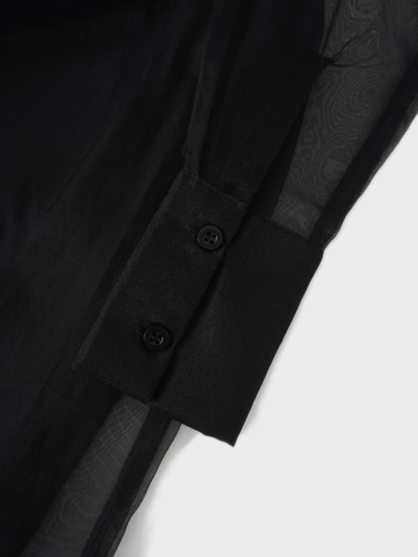 Organza Belted Shirtdress-Black