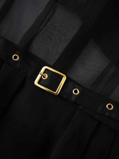 Organza Belted Shirtdress-Black