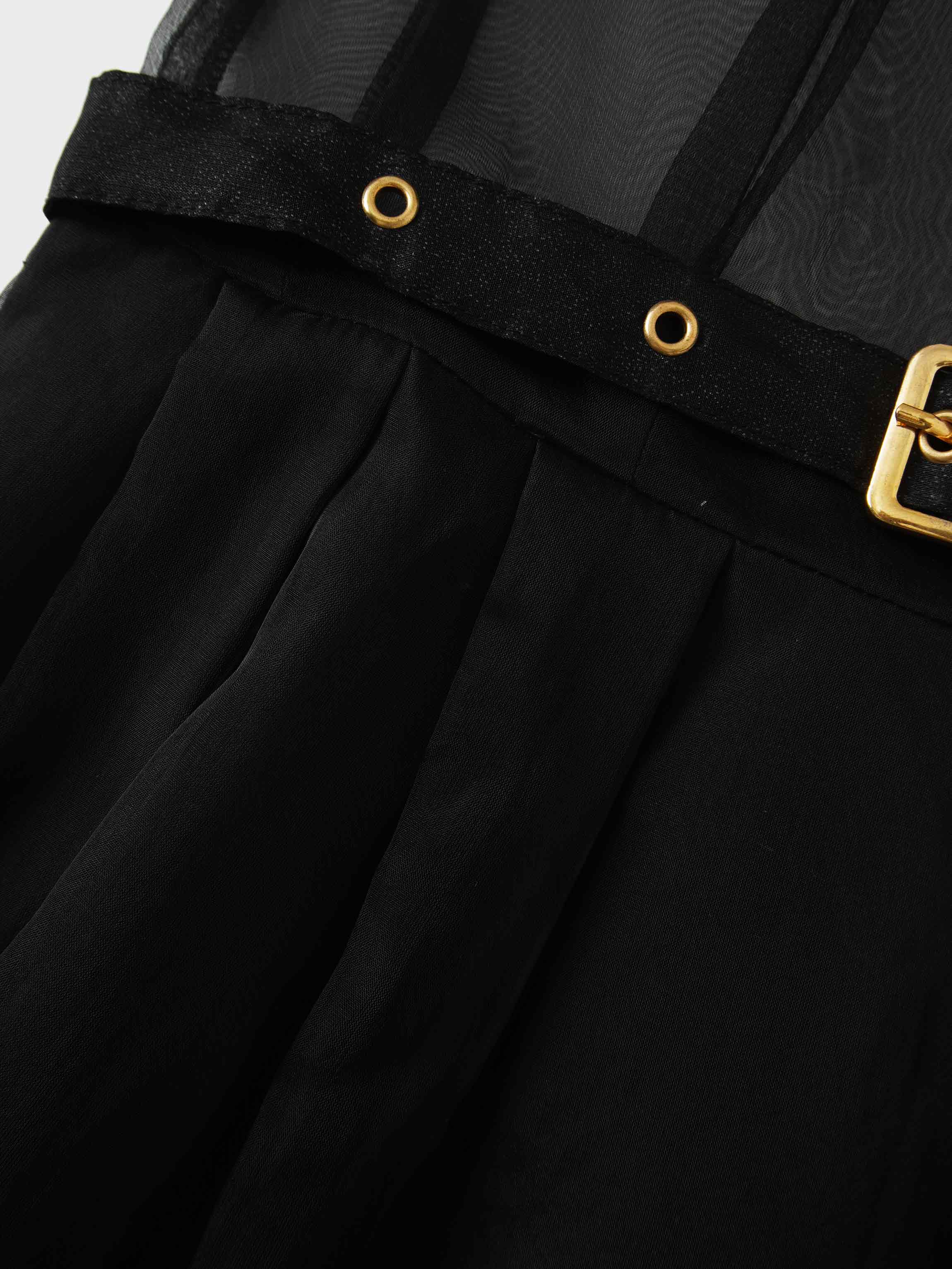 Organza Belted Shirtdress-Black