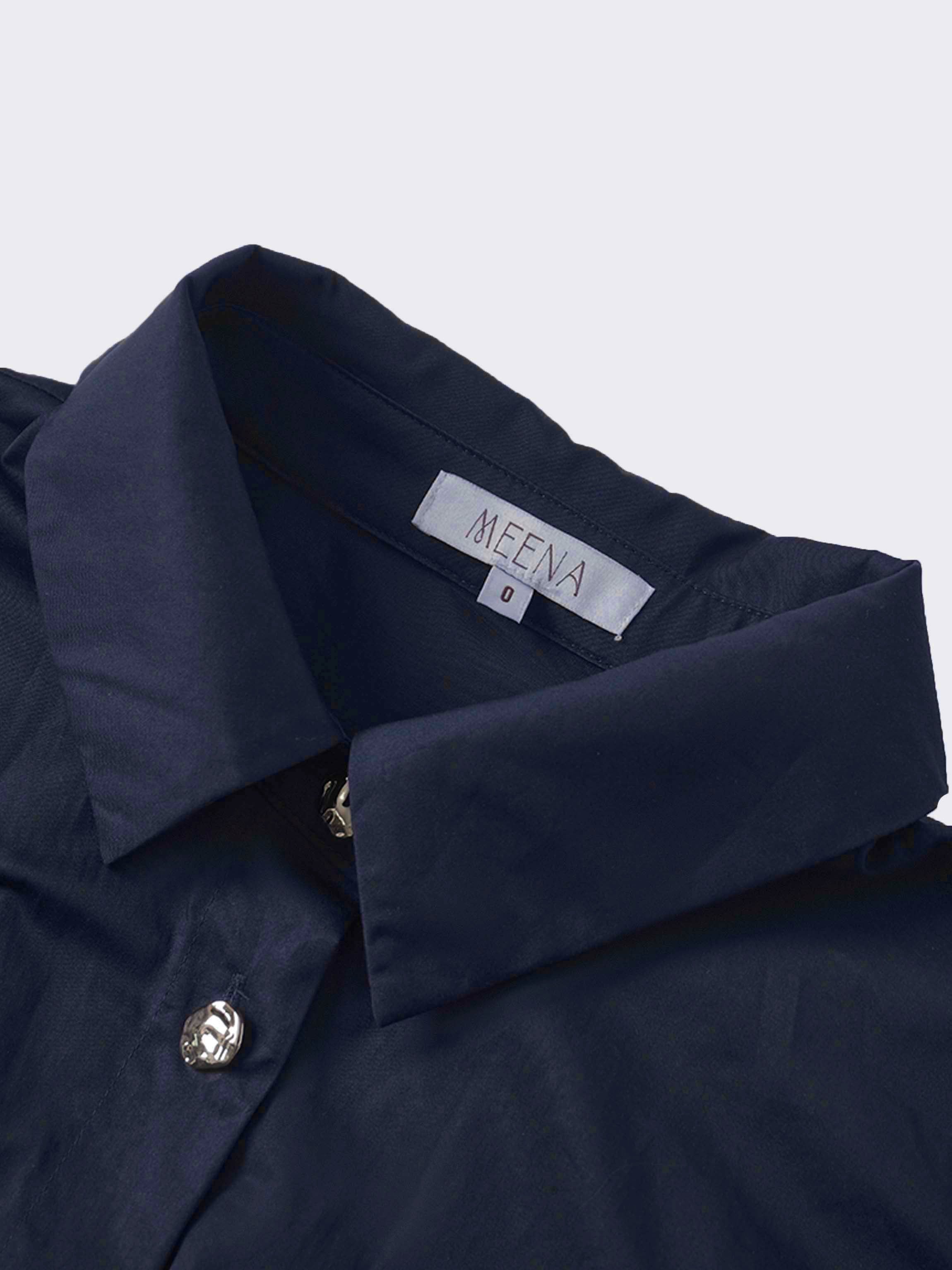 Pleat Waist Button Down Dress-Navy