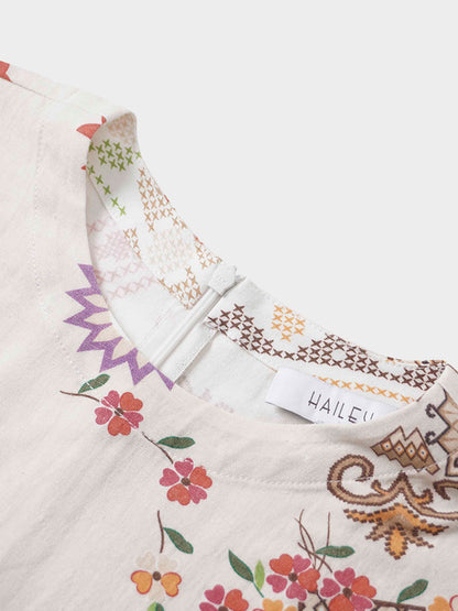 Linen Blend Crop Swing Top-Aztec Floral