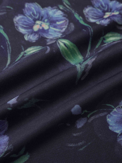 Mesh Crew Neck Print Top-Blue Floral