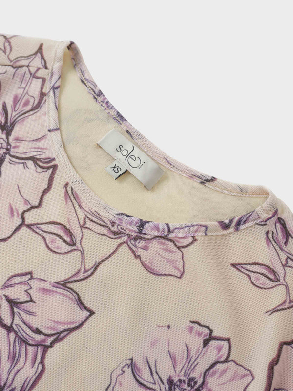 Mesh Crew Neck Print Top-Lavender Floral
