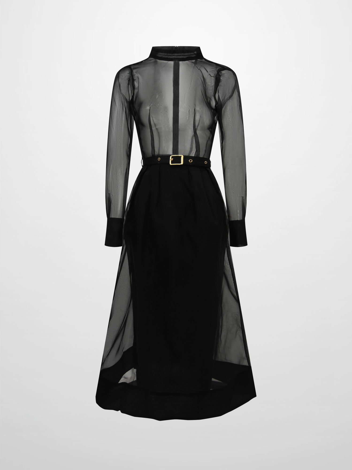 Organza Belted Shirtdress-Black