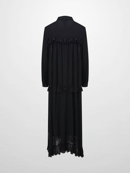 Mesh Ruffle Maxi Dress-Black