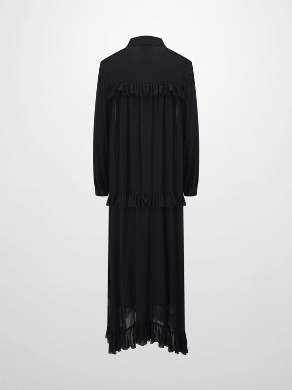 Mesh Ruffle Maxi Dress-Black