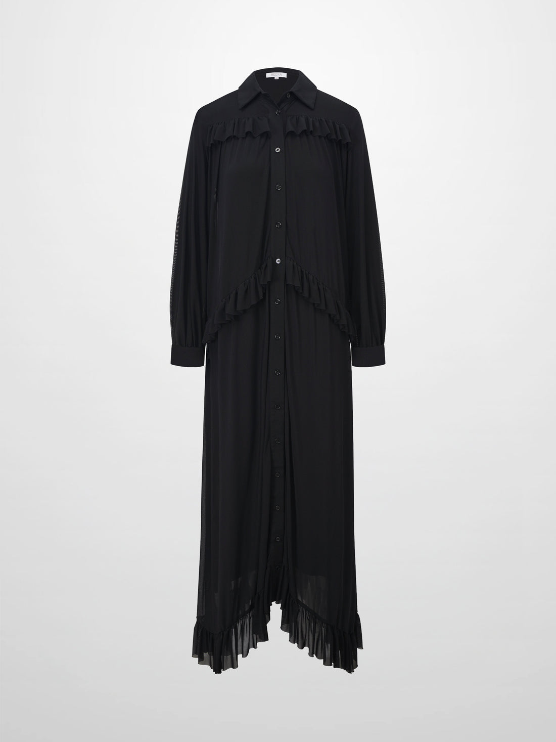 Mesh Ruffle Maxi Dress-Black