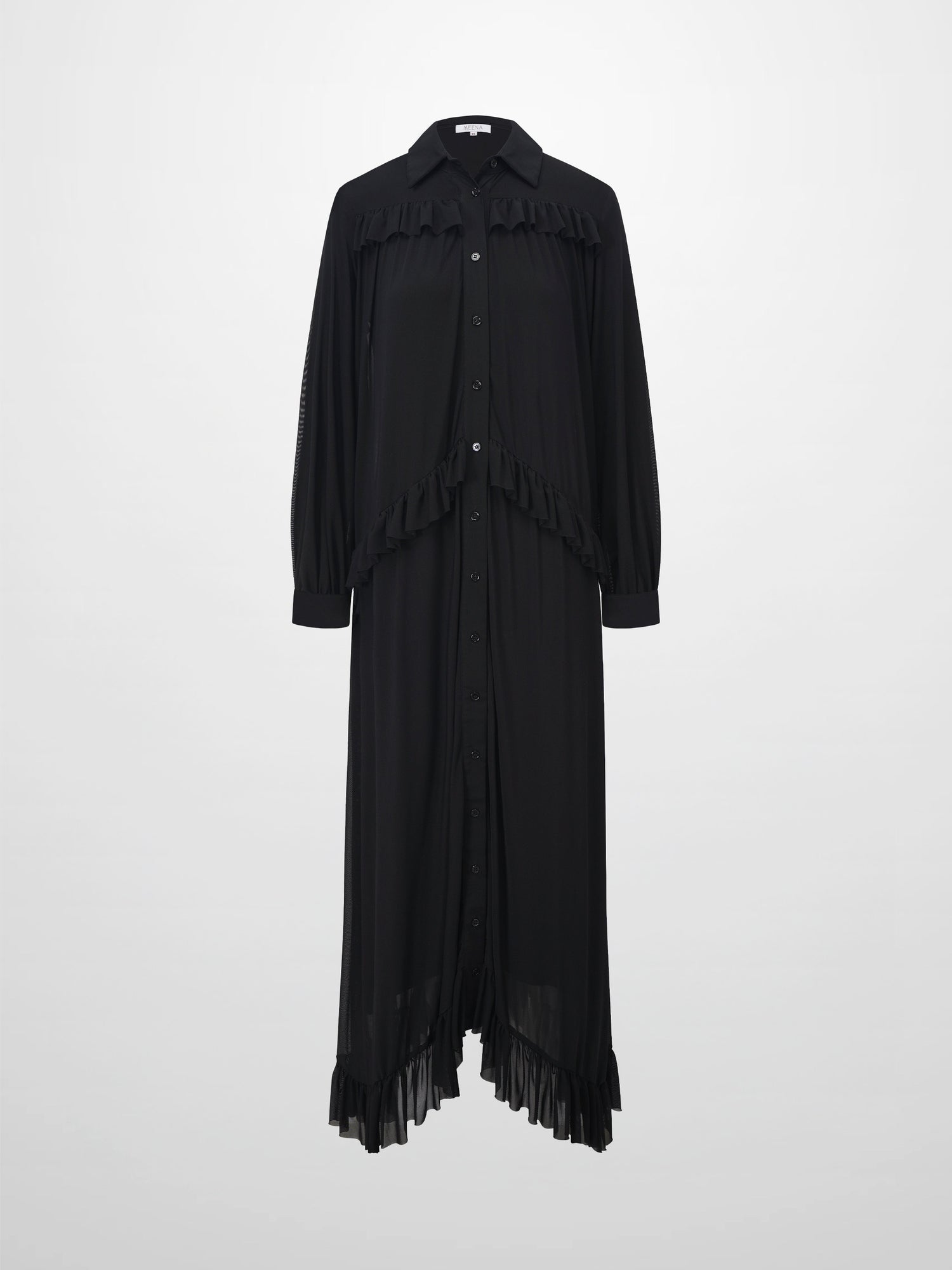 Mesh Ruffle Maxi Dress-Black