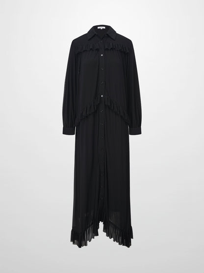 Mesh Ruffle Maxi Dress-Black