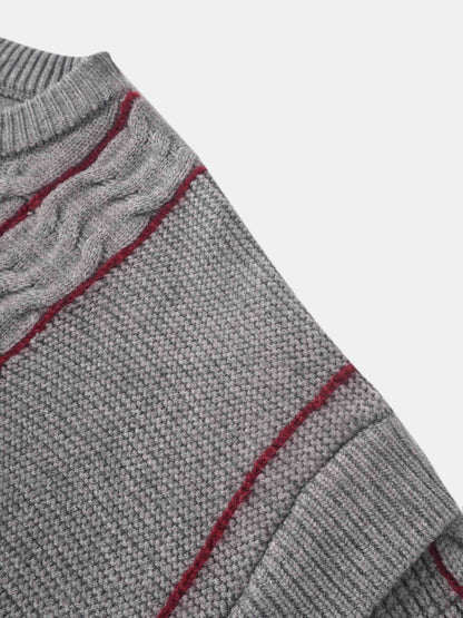 Mix Cable Striped Sweater - Grey/Burgundy