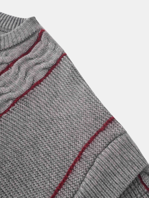 Mix Cable Striped Sweater - Grey/Burgundy