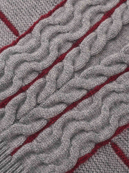 Mix Cable Striped Sweater - Grey/Burgundy