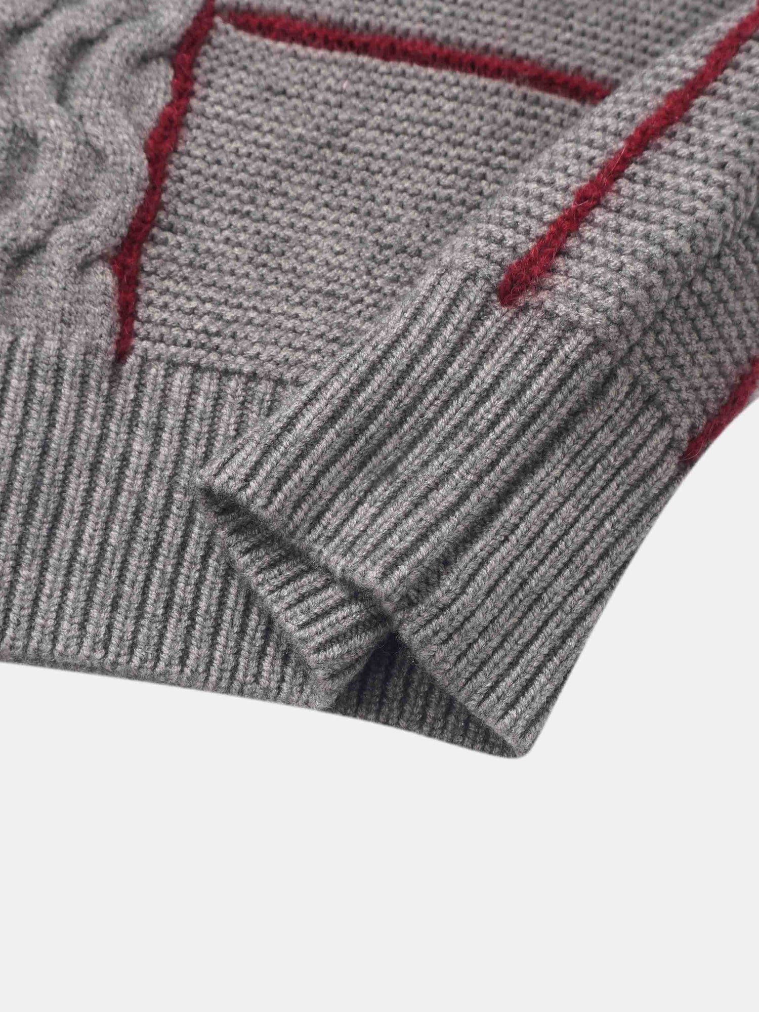 Mix Cable Striped Sweater - Grey/Burgundy