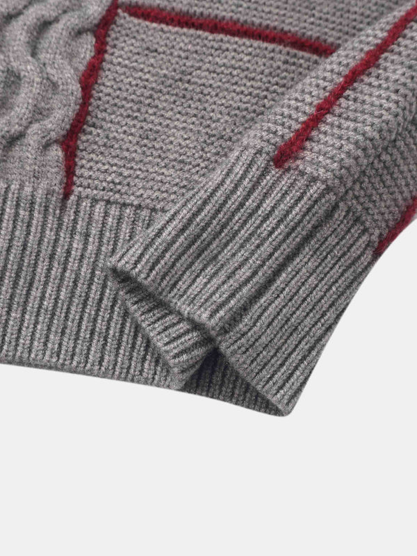 Mix Cable Striped Sweater - Grey/Burgundy