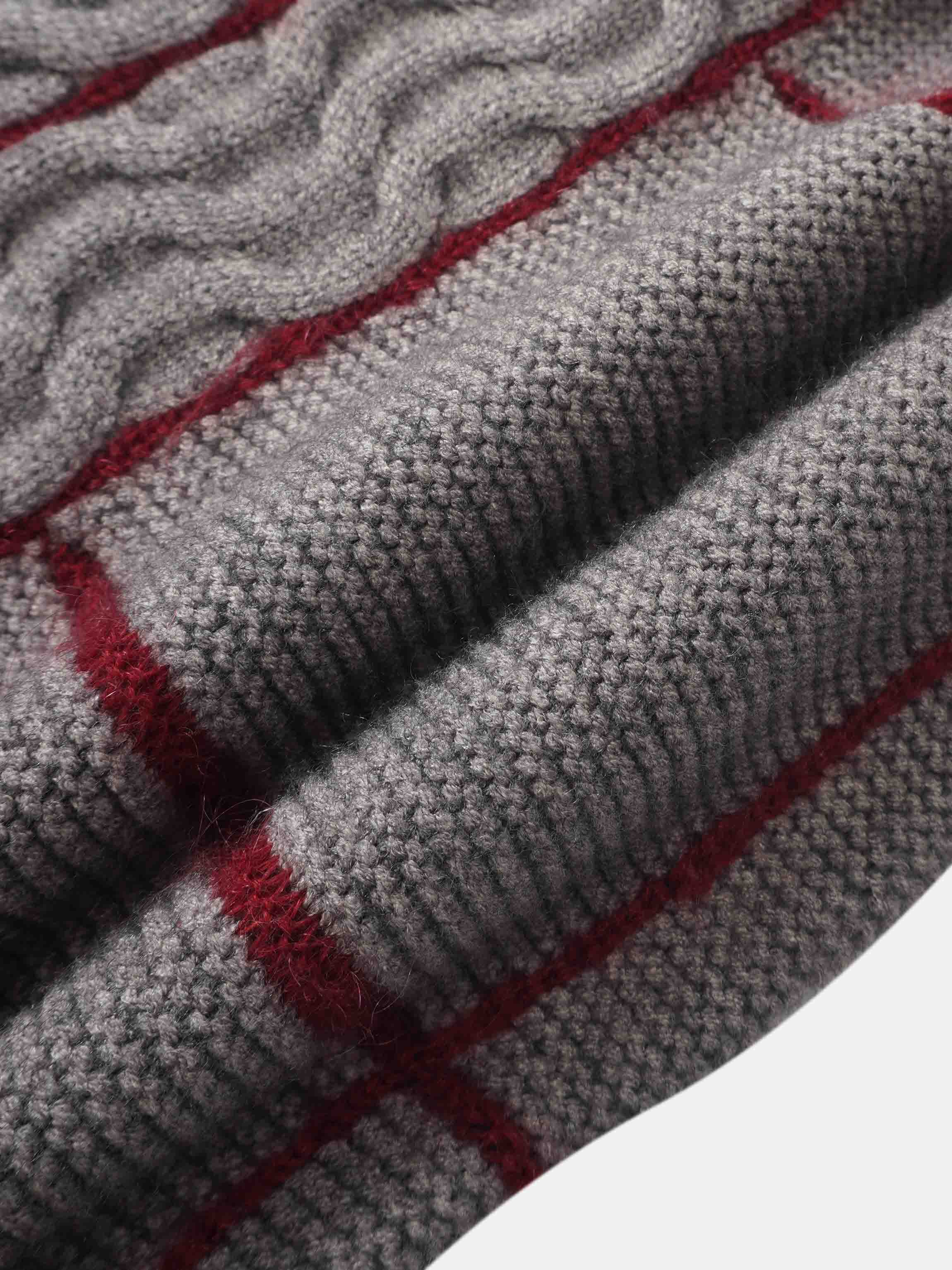 Mix Cable Striped Sweater - Grey/Burgundy