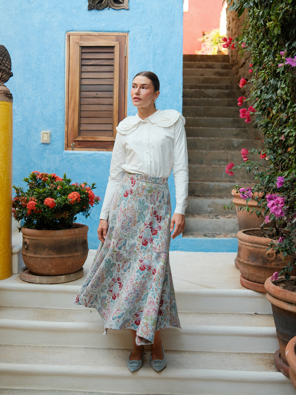 Flower Detail Cotton Blouse-White