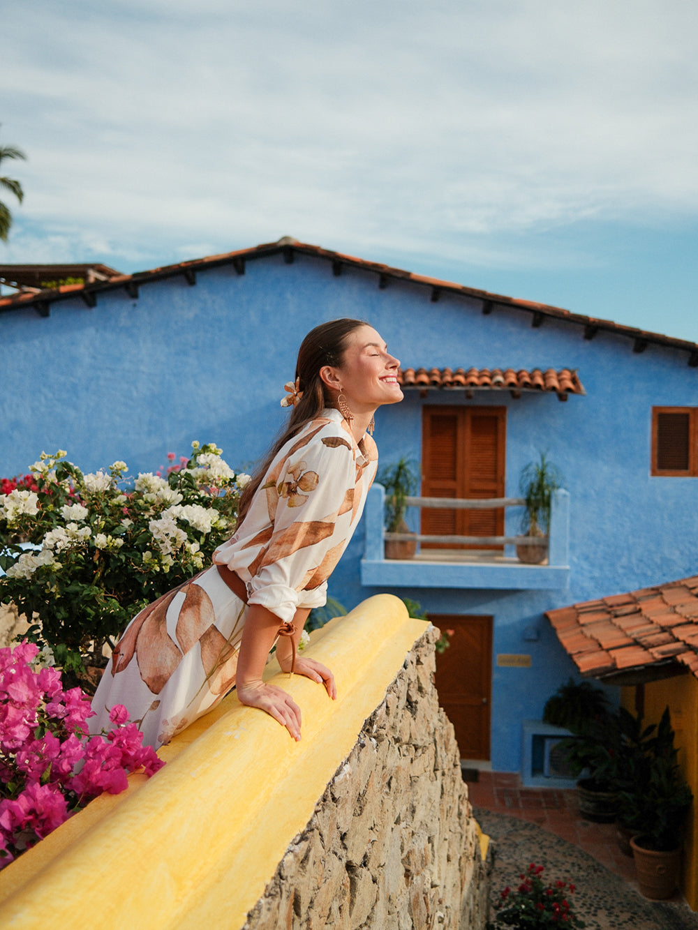 Printed Linen Blend Blouse-Brown Floral
