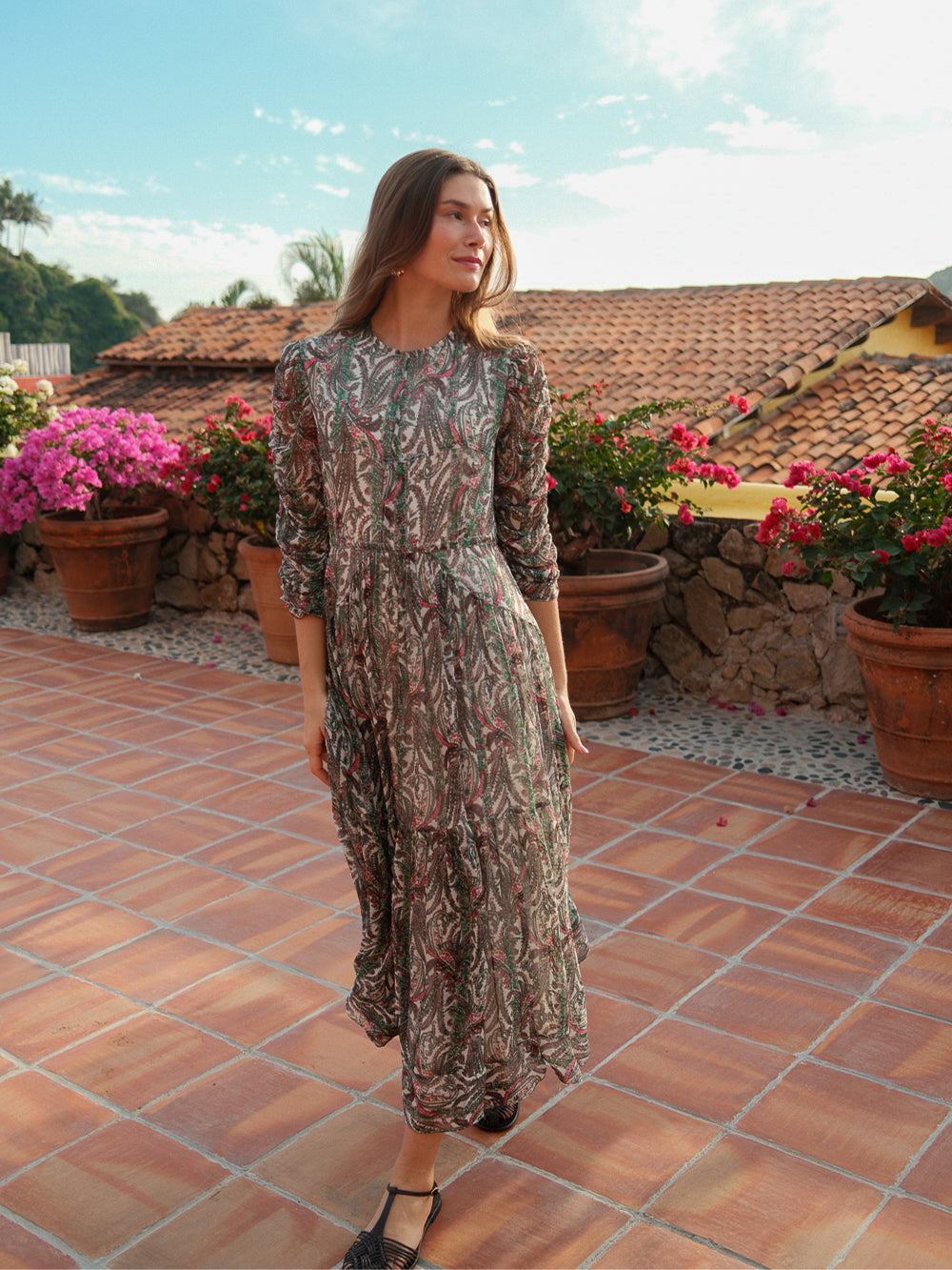 Shirred Sleeve Dress-Green Paisley