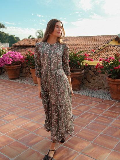 Shirred Sleeve Dress-Green Paisley