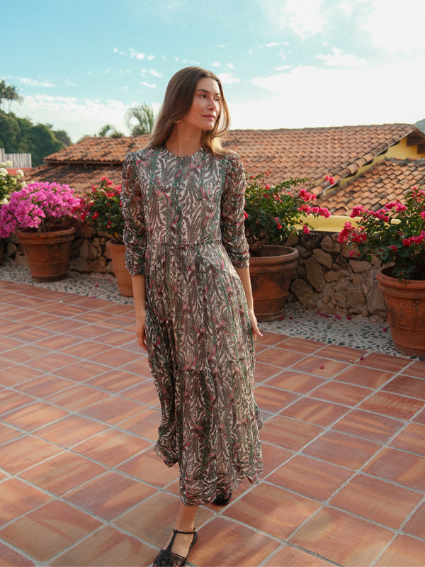 Shirred Sleeve Dress-Green Paisley
