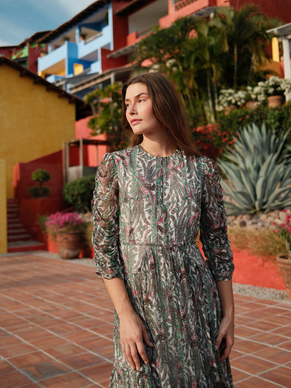 Shirred Sleeve Dress-Green Paisley