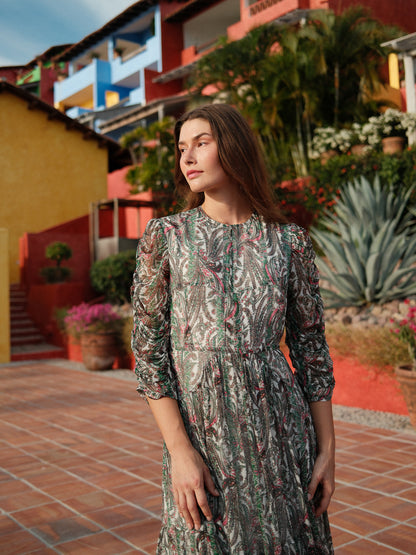 Shirred Sleeve Dress-Green Paisley