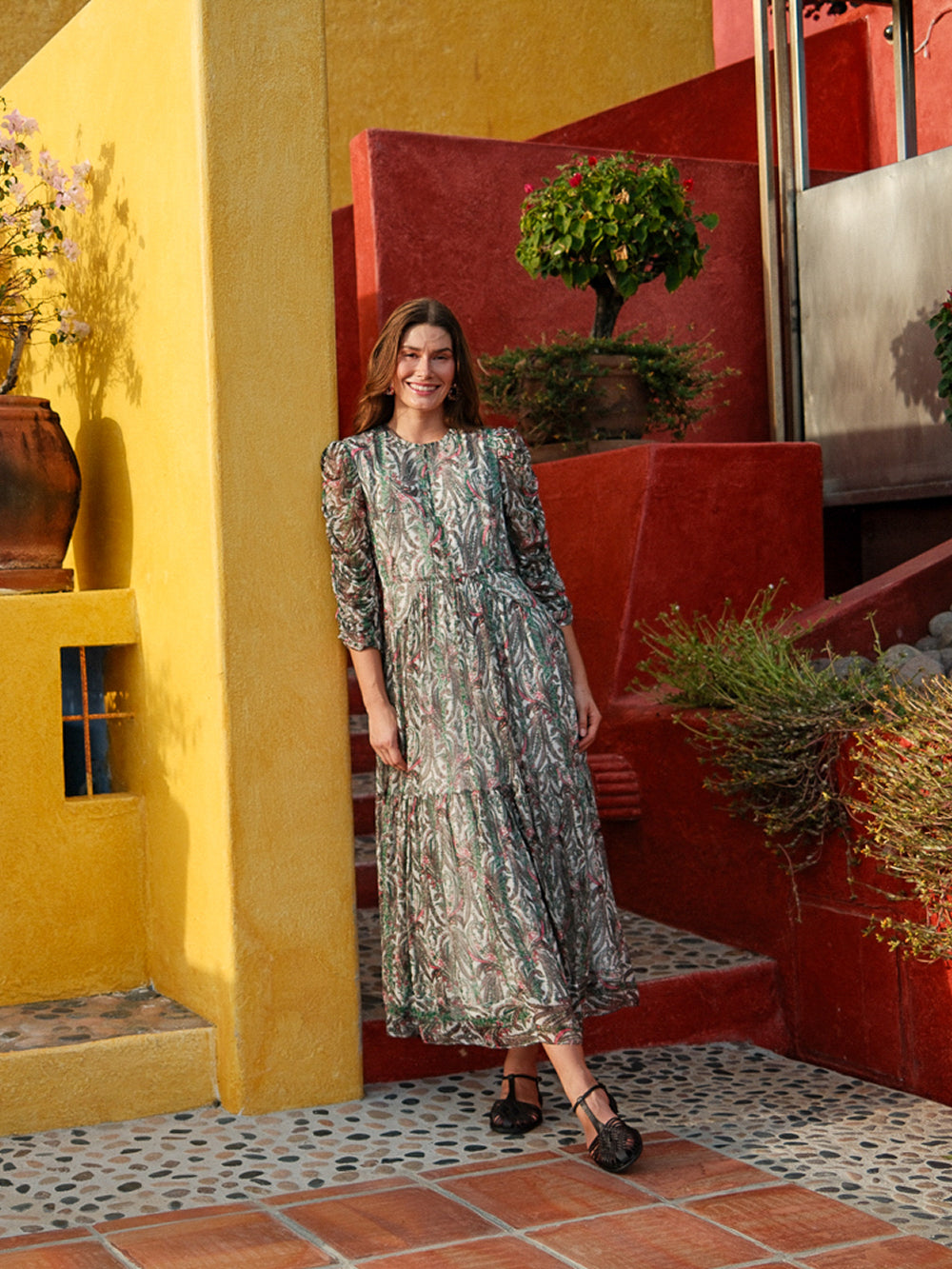 Shirred Sleeve Dress-Green Paisley