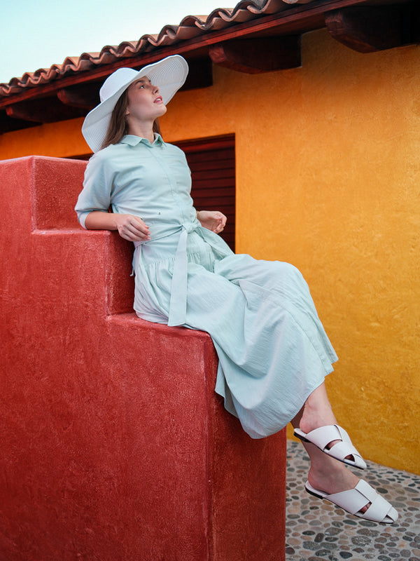 Cotton Yoke Gathered Dress-Mint