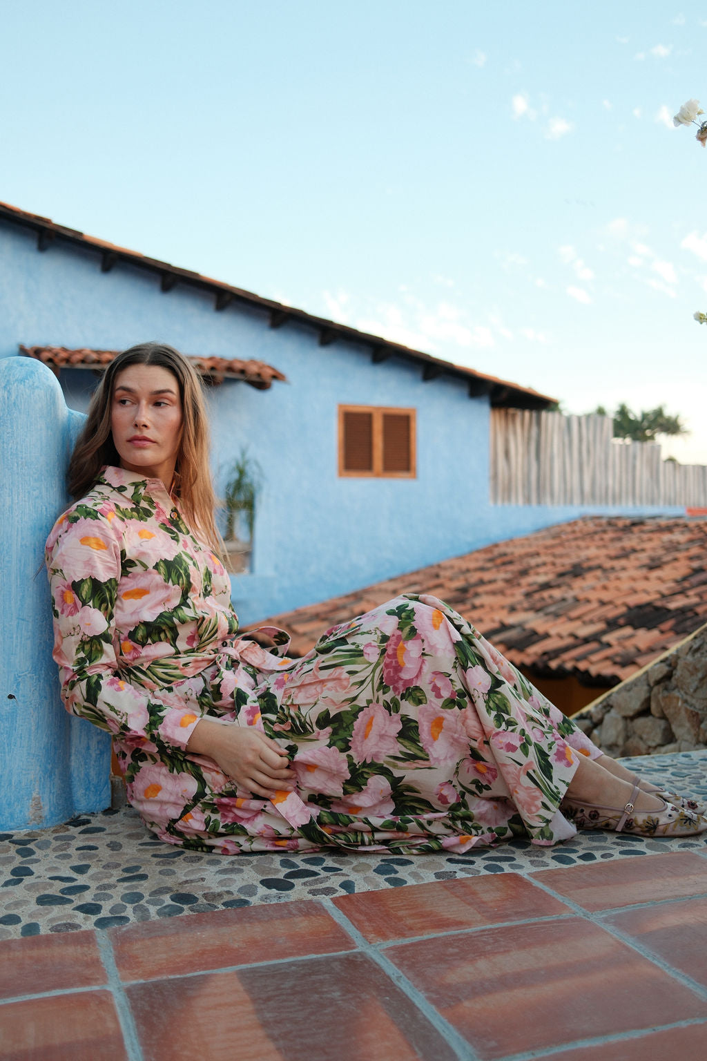 Printed Cotton Belted Shirtdress-Garden Floral