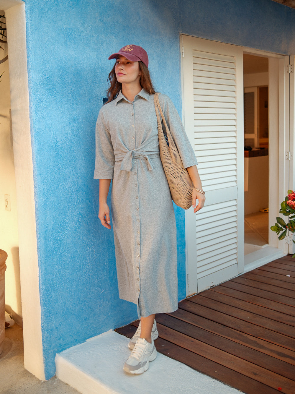 Button Down Ribbed Maxi Dress-Heathered Grey