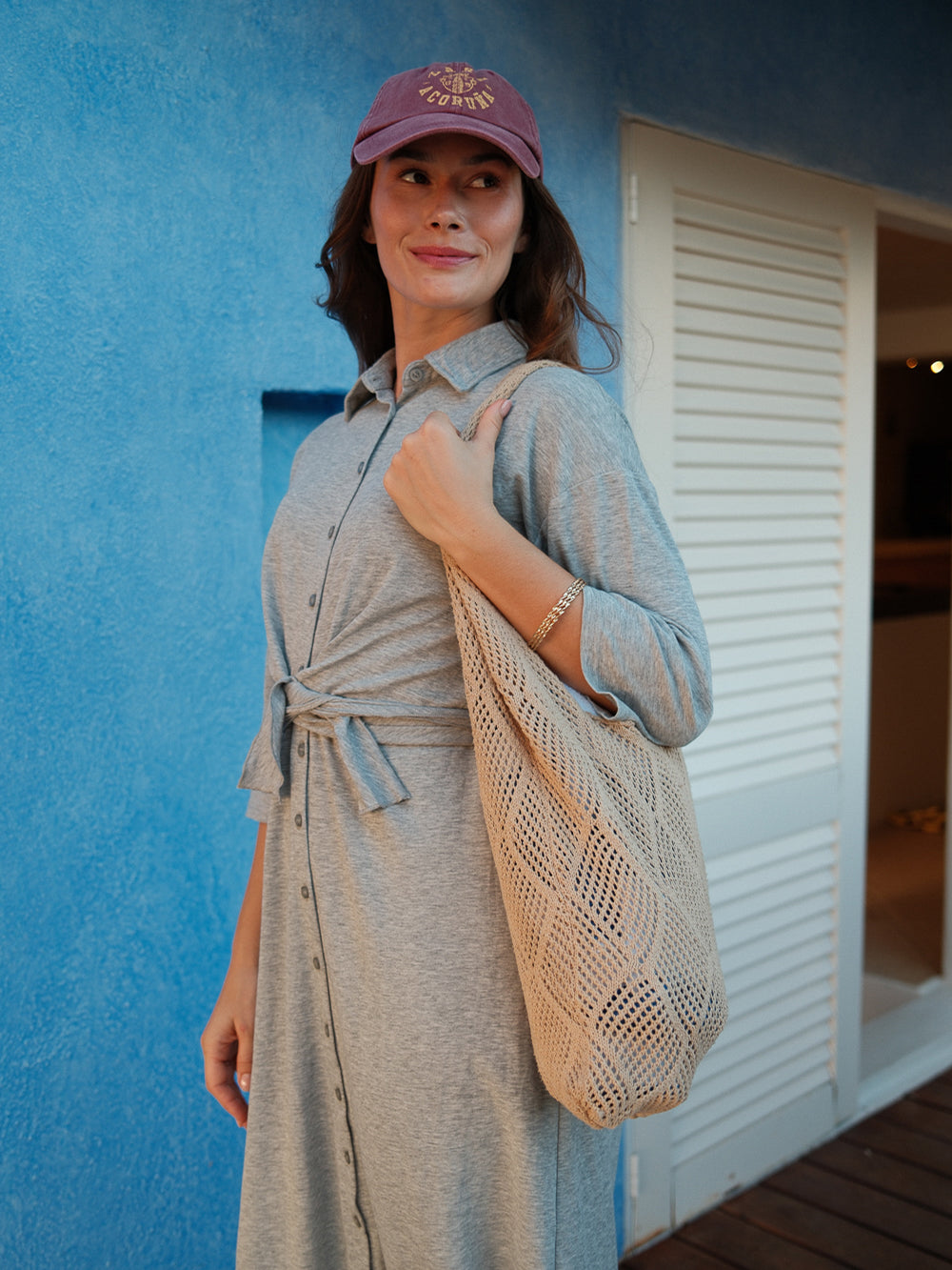 Waist Tie Button Down T-Shirt Dress-Heather Grey
