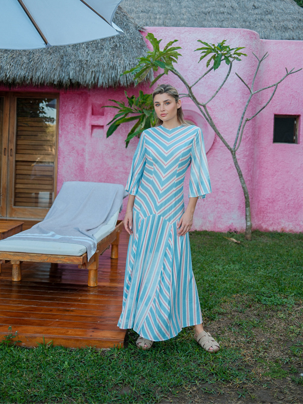 Striped Flare Sleeve Dress-Light Blue/White