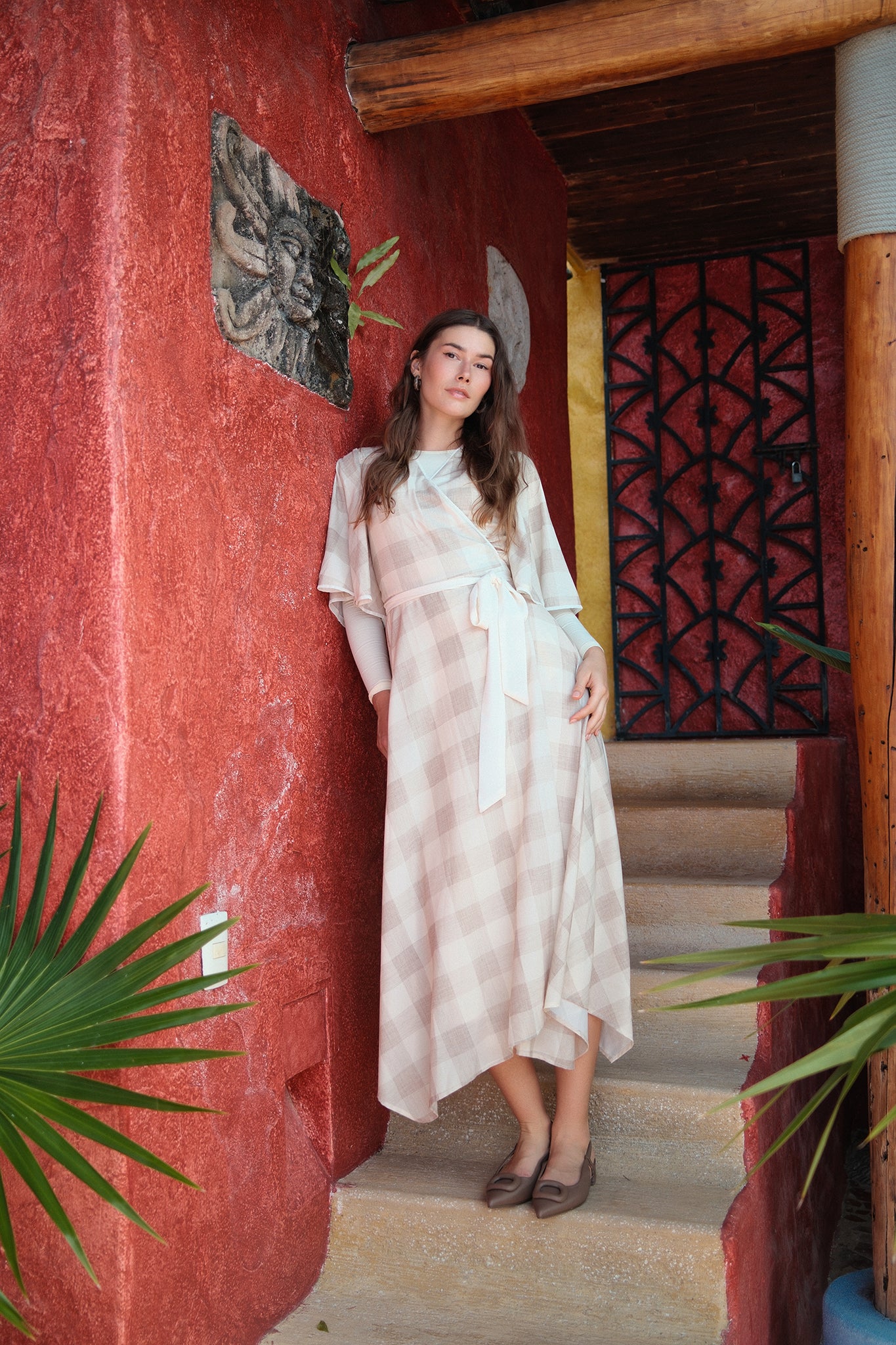 Flutter Sleeve Wrap Dress-Tan Gingham