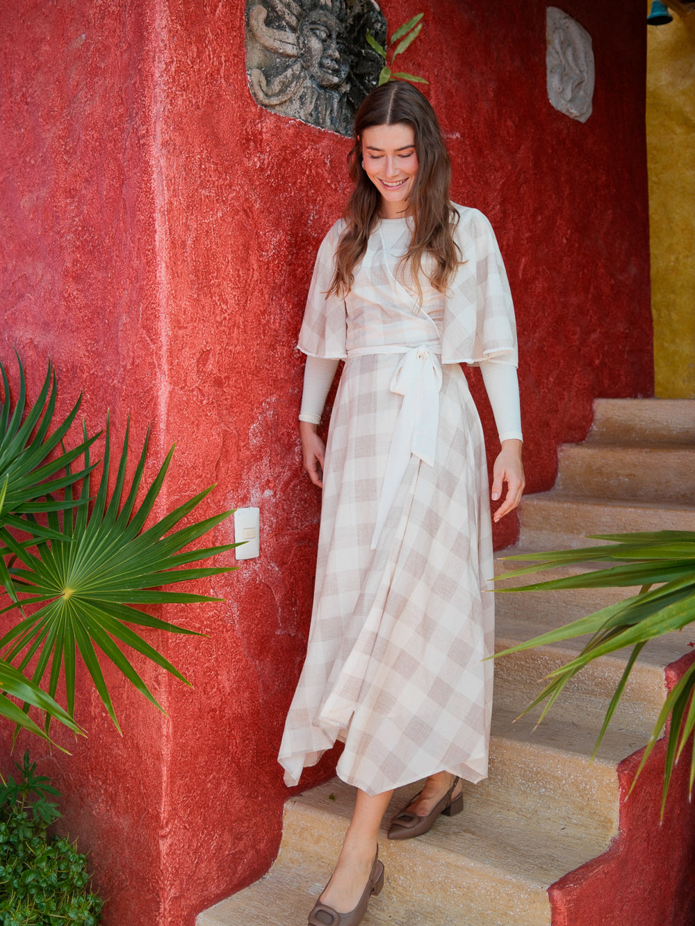 Flutter Sleeve Wrap Dress-Tan Gingham