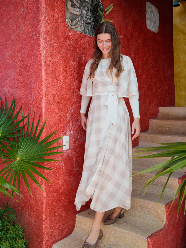 Flutter Sleeve Wrap Dress-Tan Gingham