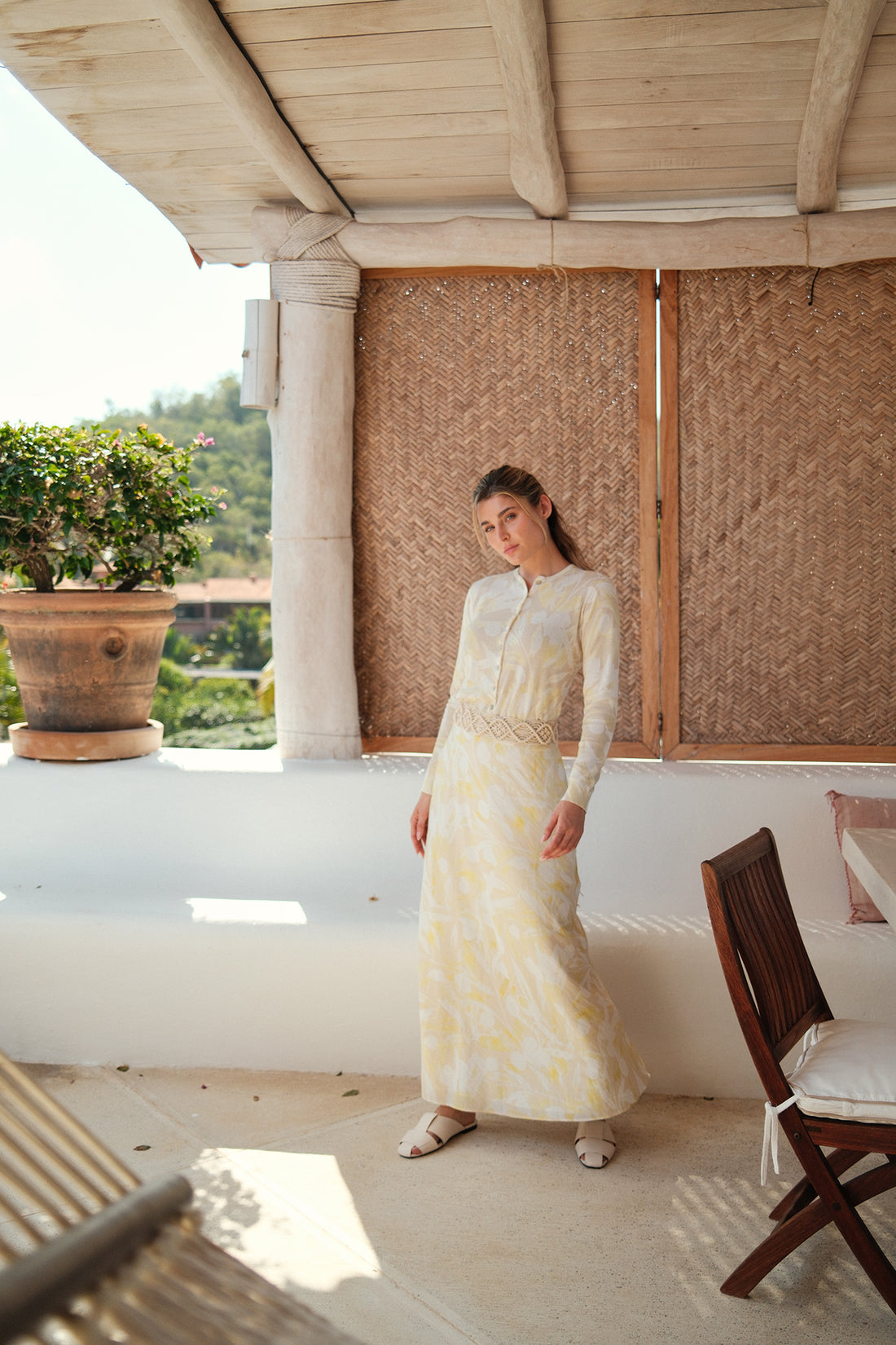 Printed Thin Button-Down Crew Cardigan-Yellow Floral