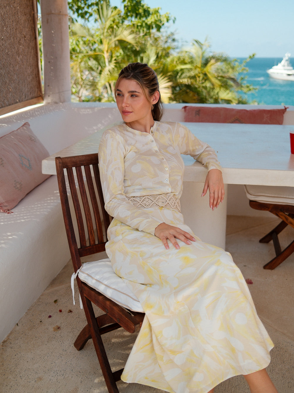 Printed Thin Button-Down Crew Cardigan-Yellow Floral