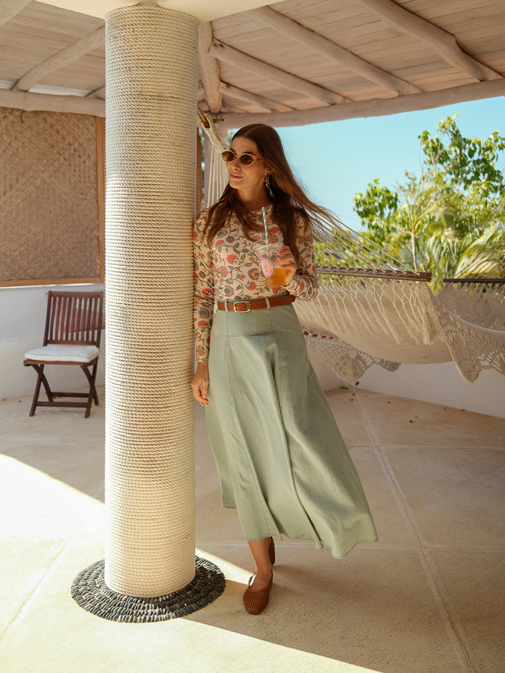 Denim Yoke Circle Skirt-Dusty Mint