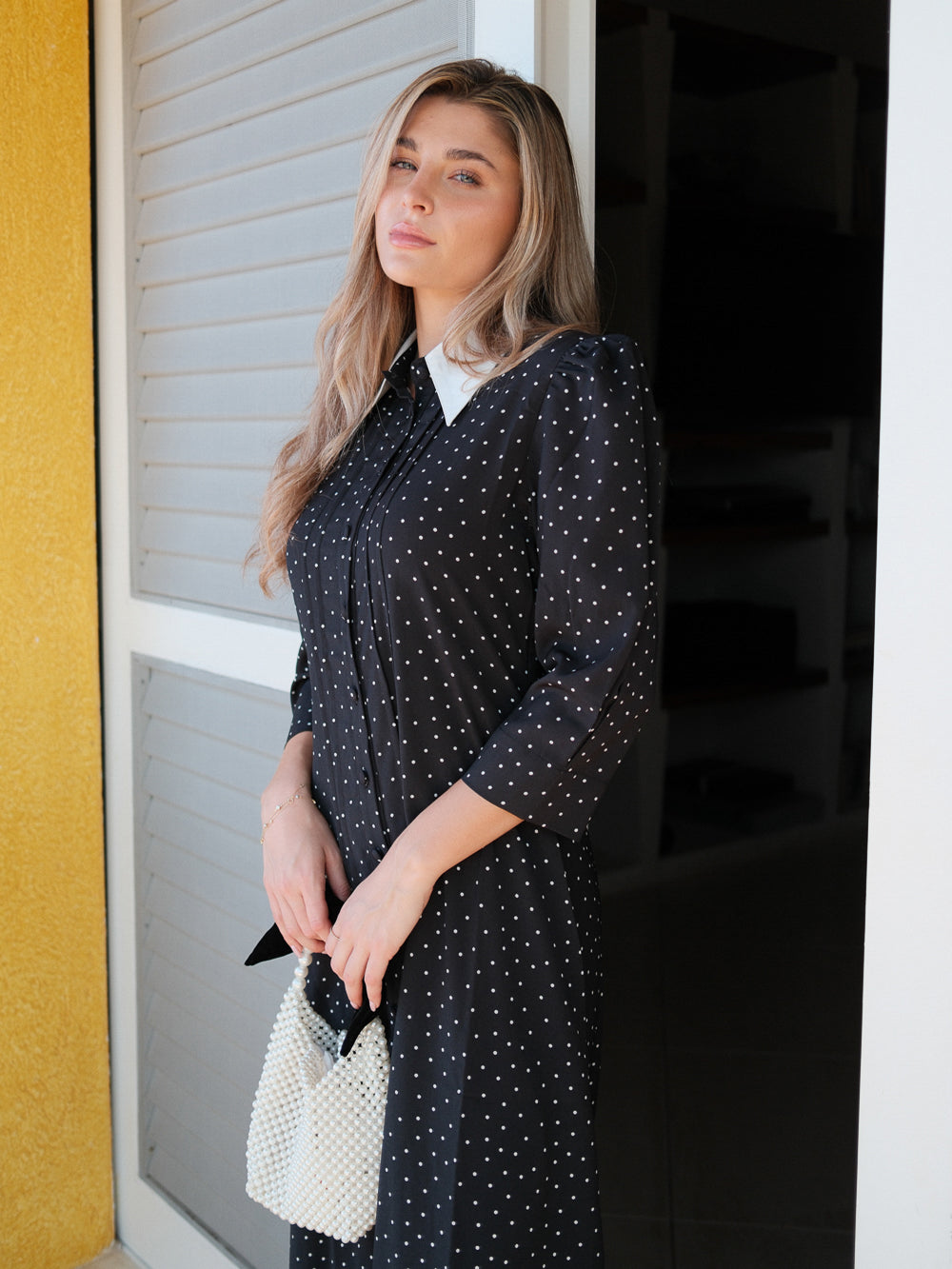 Collared Ruched Back Shirtdress-Polka Dot