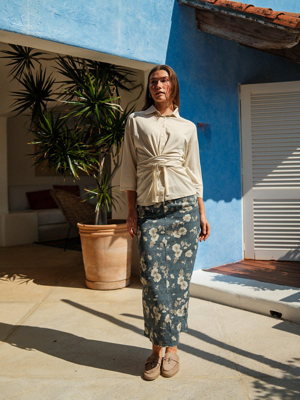 Straight Maxi Denim Skirt-Plaid Tan Floral