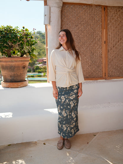 Straight Maxi Denim Skirt-Plaid Tan Floral