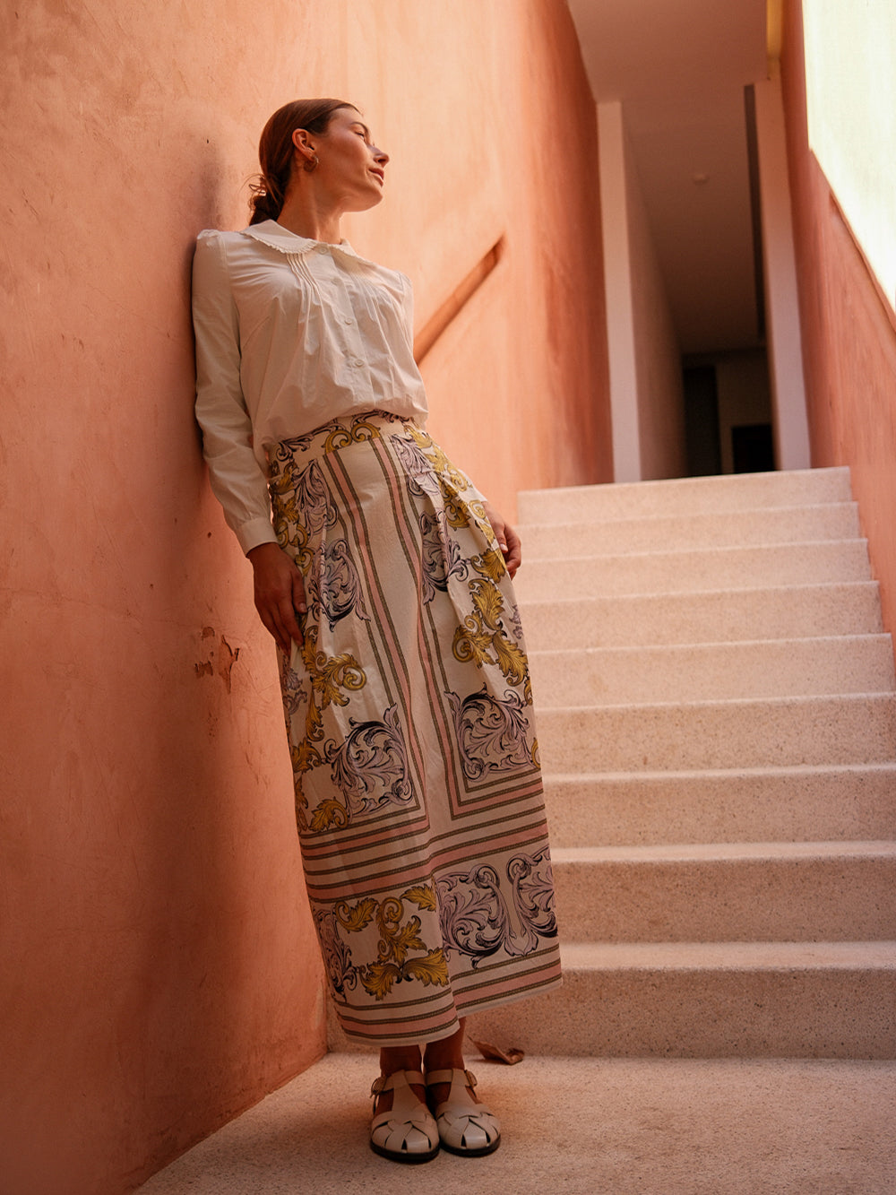 Printed Cotton Pleat Skirt-Yellow/Lavender