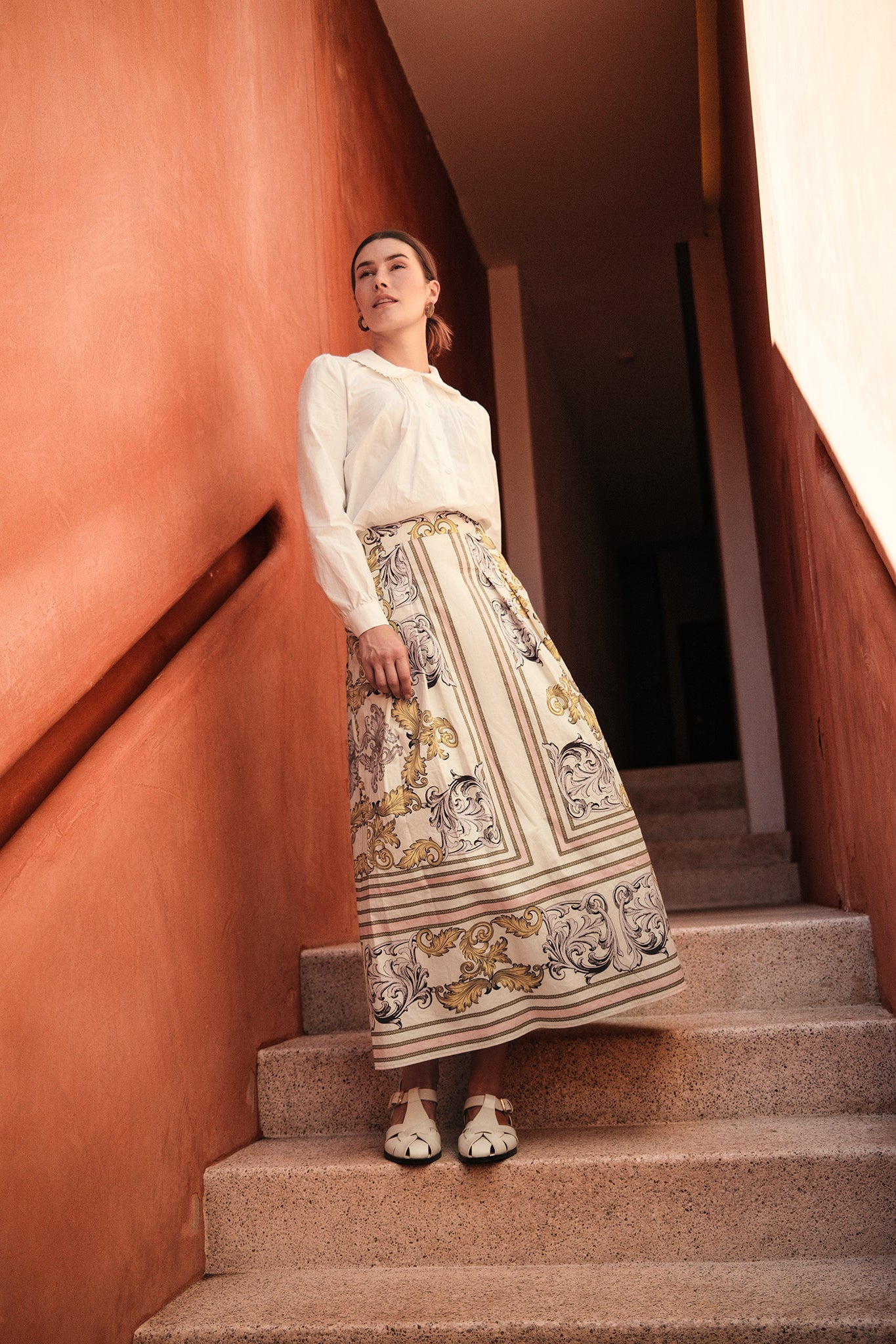 Printed Cotton Pleat Skirt-Yellow/Lavender